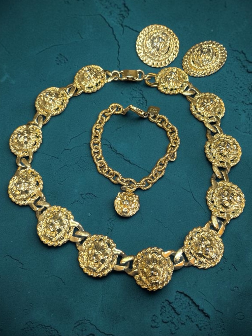 Anne Klein Iconic Gold Lion Head Coin Medallion Necklace Bracelet Earrings Set